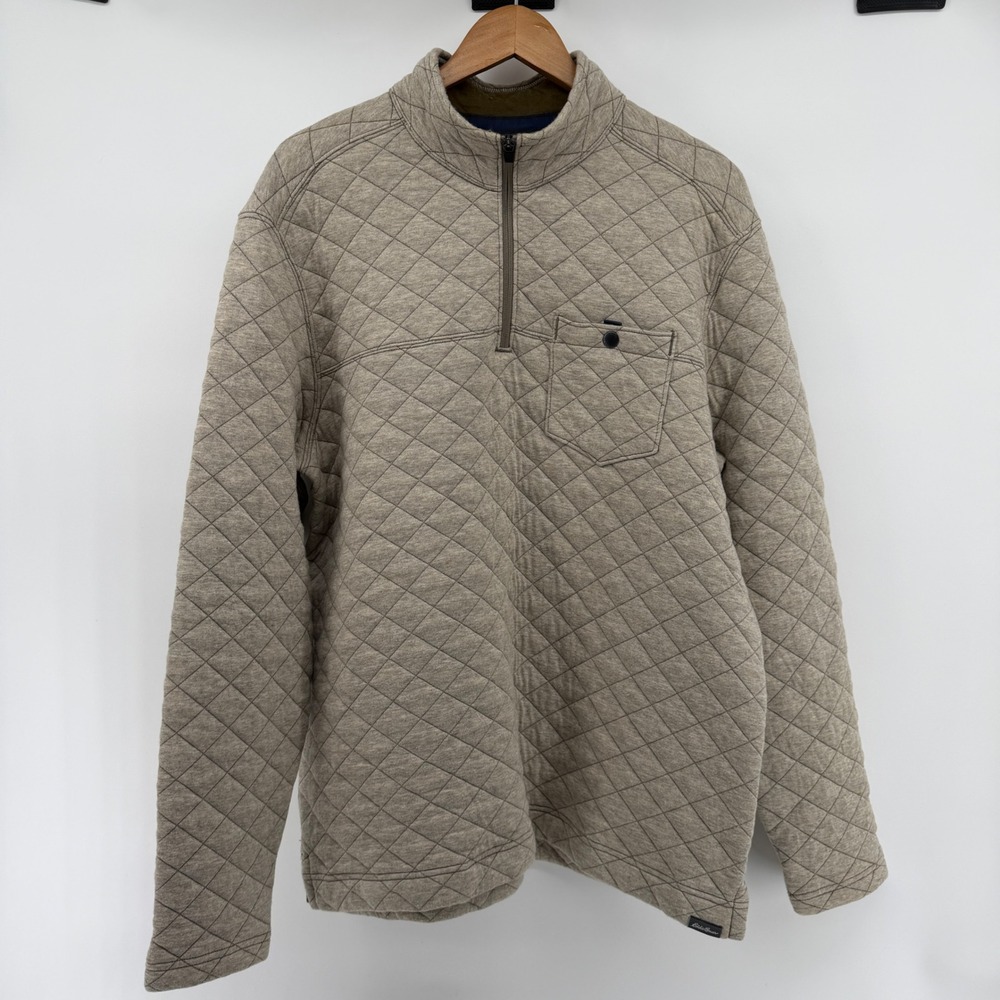 Eddie Bauer Mens Large Quilted Quarter Zip Pullover Oatmeal Heather Grey Sweater
